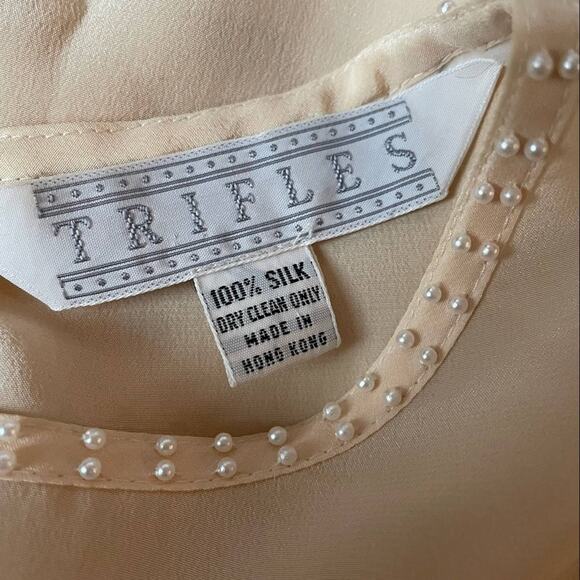 Vintage 1980s Trifles Silk Blouse Pearls All Over Elegant High Neck Cream 10 - Picture 11 of 13